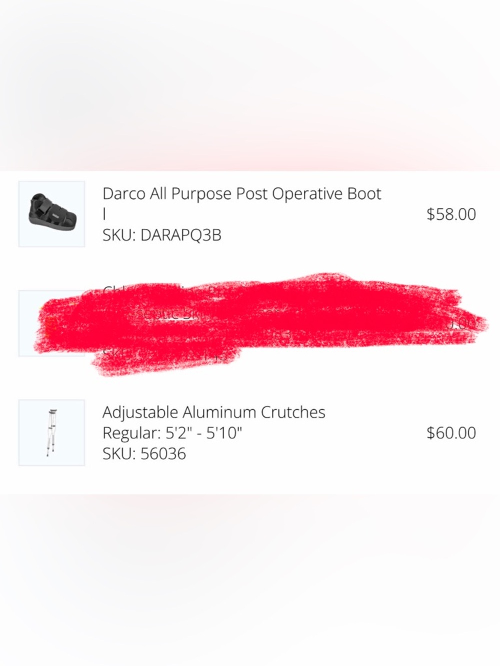 Adjustable Aluminum Crutches and Darco post sergury soft boot.

All included